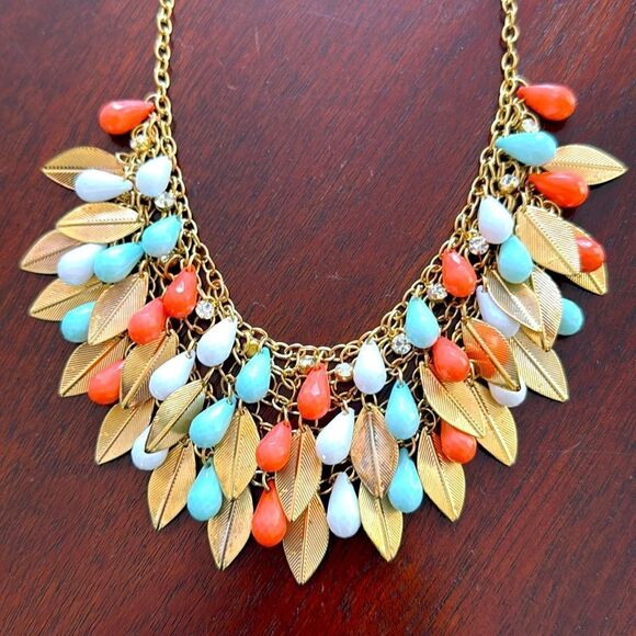 Betsey Johnson Colorful Bib Statement Necklace - Coral, Blue & White Leaves - Picture 3 of 7